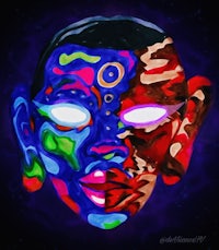 a painting of a colorful face on a dark background