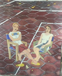 a painting of two people sitting on chairs
