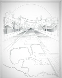 a drawing of a street with a map in the background