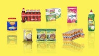 a variety of products are shown on a yellow background