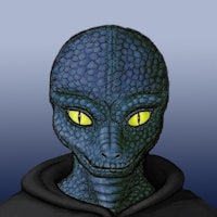 a drawing of a blue lizard with yellow eyes