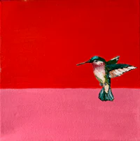 a painting of a hummingbird on a red background