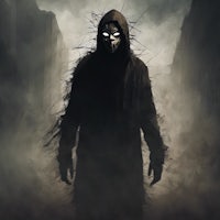 a man in a hooded hood standing in a dark city