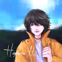 a drawing of a man in a yellow jacket with mountains in the background