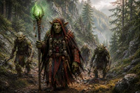 a group of trolls walking through a forest