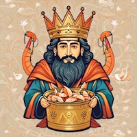 the king of kings holding a bucket of shrimp