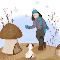 a girl with a dog standing next to a mushroom house