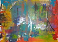 an abstract painting with red, orange, yellow and blue colors