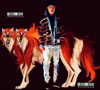 an illustration of a man standing next to two wolves