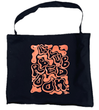 a black tote bag with an orange and black design