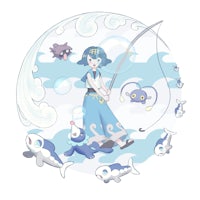 a girl with a fishing rod is surrounded by fish