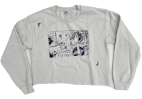 a white sweatshirt with a comic strip on it
