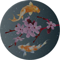 three koi fish on a branch with flowers