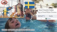 a picture of a girl in a swimming pool with a swedish flag