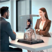 a man and woman are sitting at a table with a mannequin in front of them