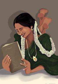an illustration of an indian woman reading a book