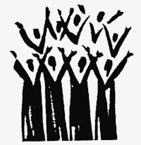 a black and white image of a group of people raising their hands