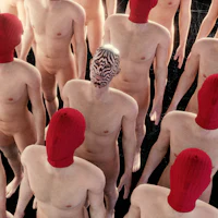 a group of naked men wearing red hats