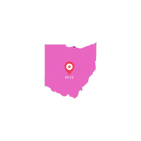 a pink map of ohio with a red dot in the middle