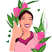 an indian woman giving a thumbs up with flowers around her