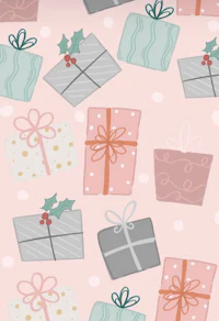 a pink background with holly and presents on it