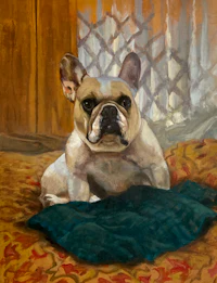 a painting of a french bulldog laying on a blanket