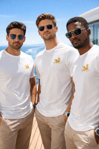 three men wearing white t - shirts on the deck of a cruise ship