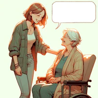 an old woman in a wheelchair talking to a speech bubble