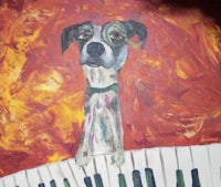 a painting of a dog on a piano