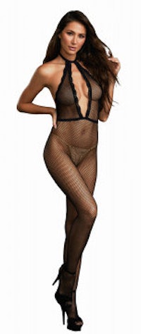 a sexy woman in a fishnet bodystocking