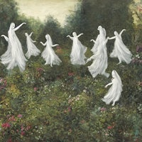a painting of a group of white ghosts in a field