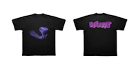 a black t - shirt with purple letters on it