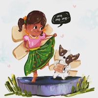 a drawing of a little girl and a dog