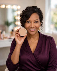 Hand holding Mary Kay Silky Setting Powder compact with fall leaves in background