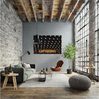 a living room with a wooden floor and brick walls
