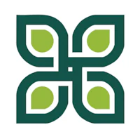a green logo with a leaf in the middle