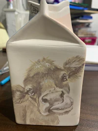 a ceramic milk jug with a cow's face on it