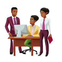 three business people sitting at a desk looking at a computer