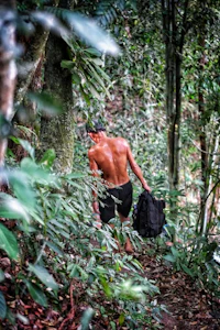 a man walking through the jungle with a backpack