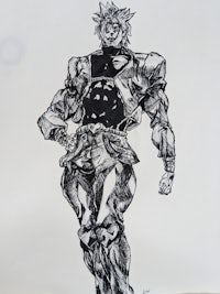 a black and white drawing of a man in armor