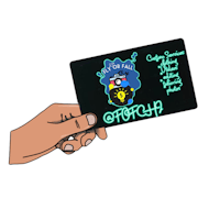 a person holding up a black card with a cartoon character on it