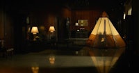 a teepee sitting in a dark room