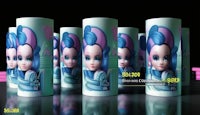 a group of rolled up paper dolls with blue hair