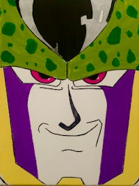 a painting of a green and purple face