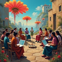a painting of people sitting around a table with laptops