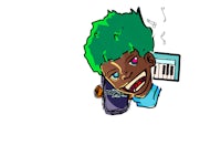 a cartoon character with green hair holding a phone