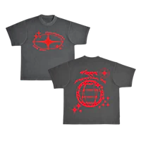 a black and red t - shirt with a red star on it