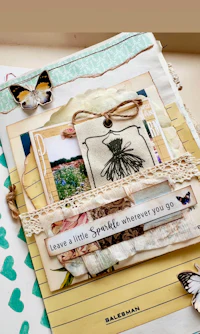 a scrapbook with butterflies and paper on it