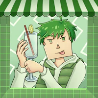 a green haired man holding a glass of lemonade