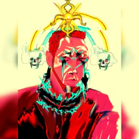 a drawing of a man with a skull on his head